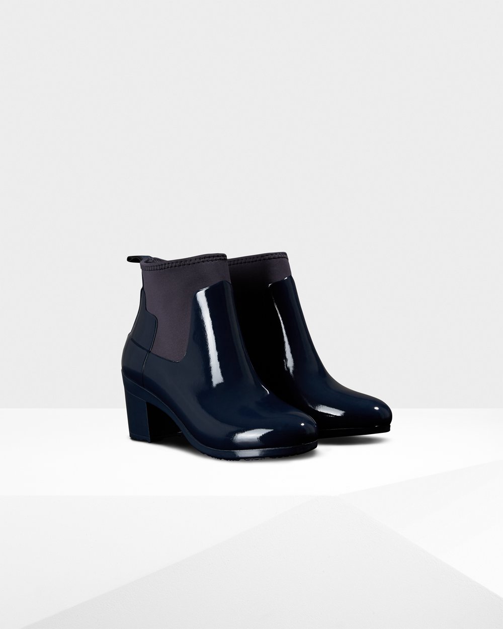 Womens Heeled Boots - Hunter Refined Slim Fit Gloss Mid (90OJFEWMB) - Navy